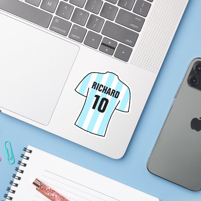 Football shirt design in LightBlue & White Stripes Sticker (Laptop w/ iPhone)