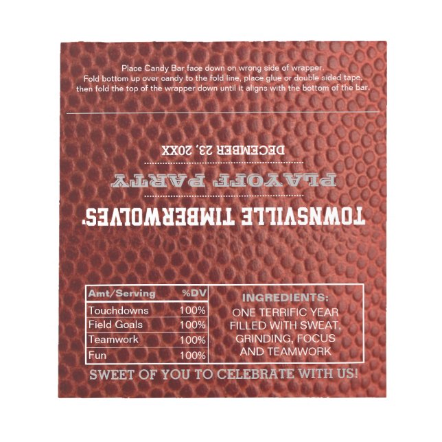 Football Silver Party Favor Chocolate Wrappers Notepad (Front)