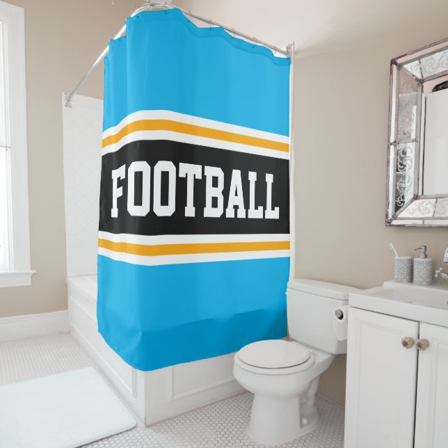 FOOTBALL Sky Blue Black Orange Racing Stripes Shower Curtain (In Situ)