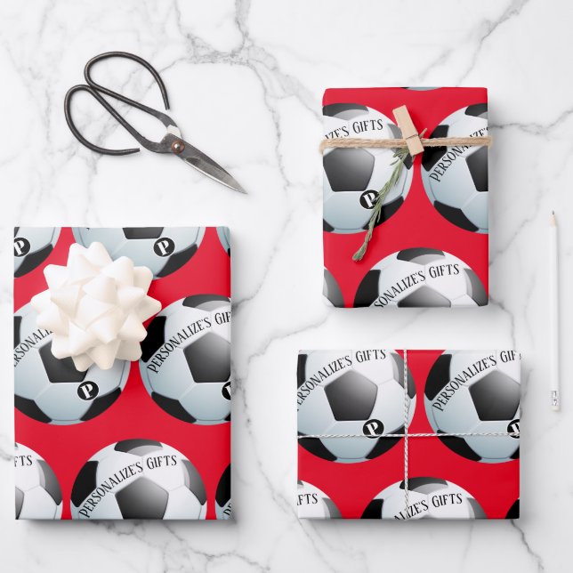 Football Soccer Custom Monogram Name Wrapping Pape Wrapping Paper Sheets (Front)