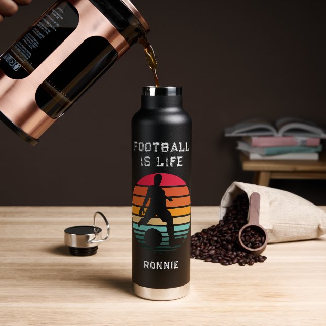 Football Soccer Custom Text & Name Boys Water Bott Water Bottle (Coffee)