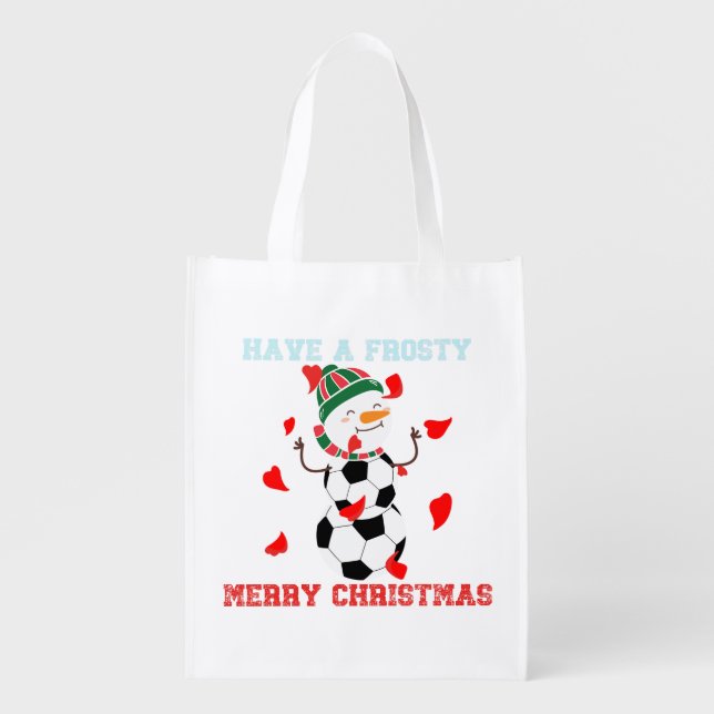 Football Soccer Snowman Merry  Christmas Grocery Bag (Front)