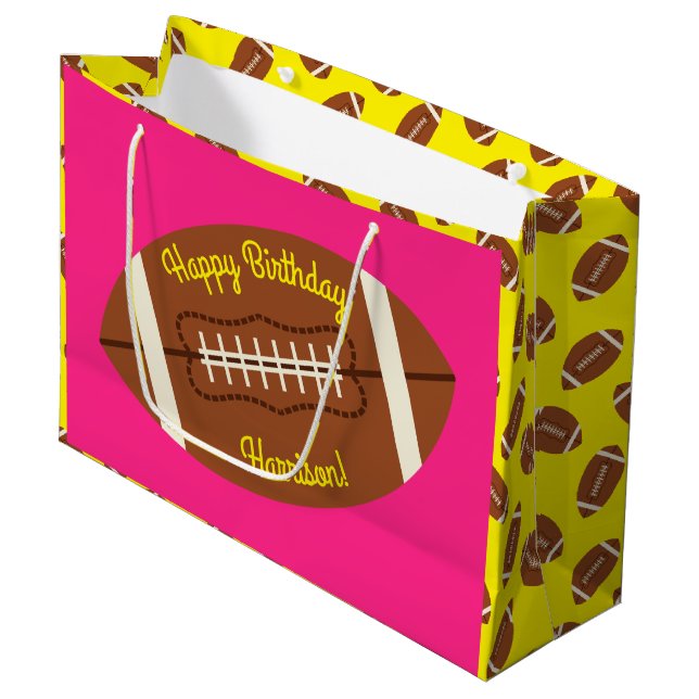 Football Sports Birthday Party Pink Large Gift Bag (Front Angled)