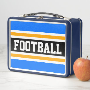 FOOTBALL Sporty Bright Blue Black Orange Stripes Metal Lunch Box