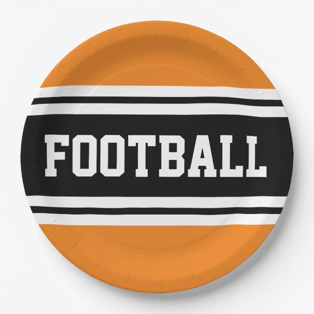 FOOTBALL Sporty Orange Black White Racing Stripes Paper Plates (Front)