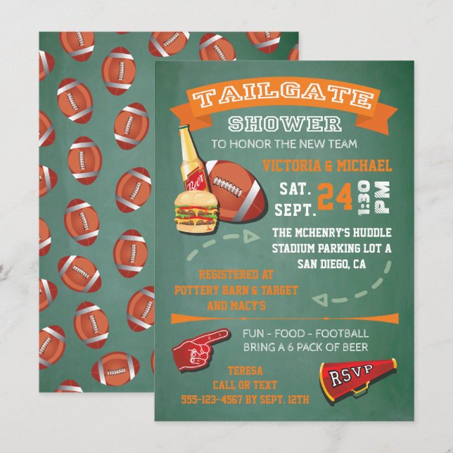 Football Tailgate Shower green chalkboard Invite (Front/Back)
