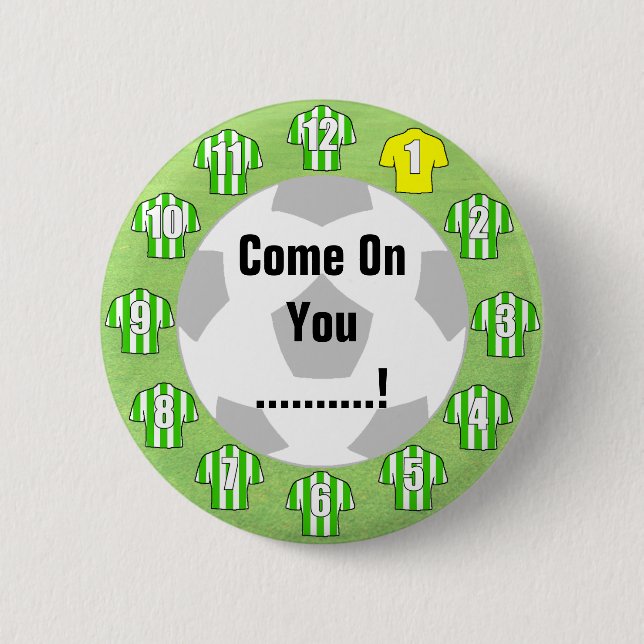Football Team Badge with Green & White Shirts Pinback Button (Front)