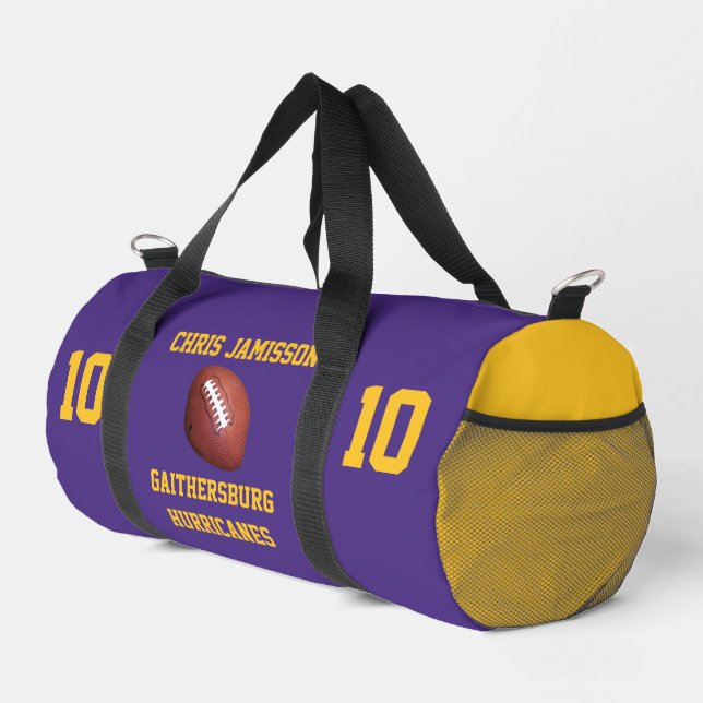 Football Team Coach Player Purple Gold Personalize Duffle Bag (Right Corner)
