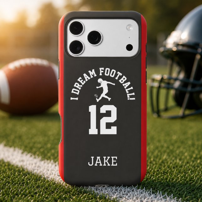 Football Team Jersey Number Design Case-Mate iPhone Case (Football jersey phone case with player number and name on a football field)