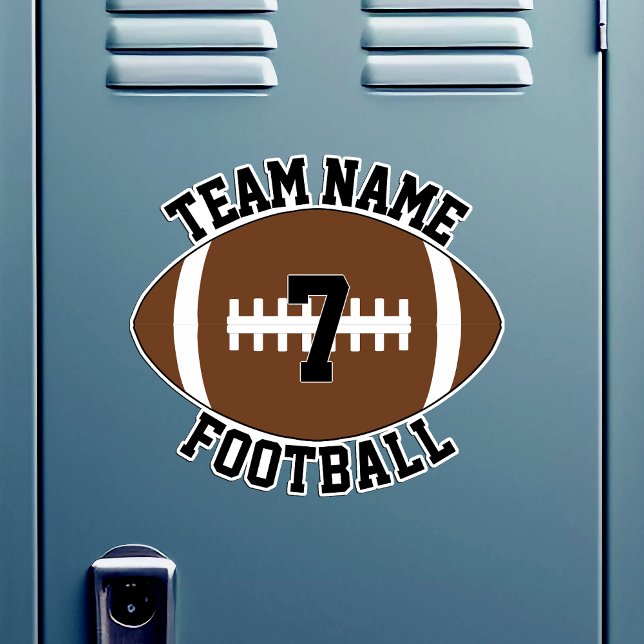 Football Team Name and Player Number Custom Sports Sticker (Custom football sticker with custom team name and player number on a locker room locker)
