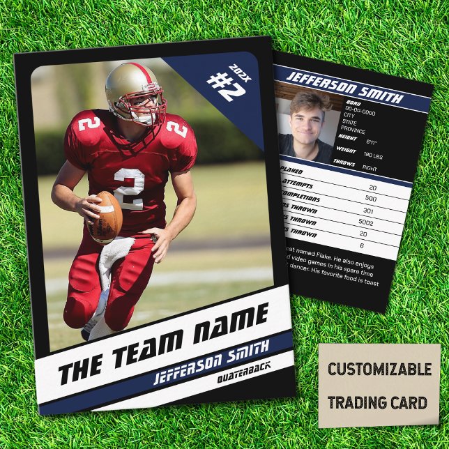 Football Team Trading Card Sport Gift Idea Green (American Football Player Trading Card in Black with Custom Team and Player Name with Blue Stripes
)