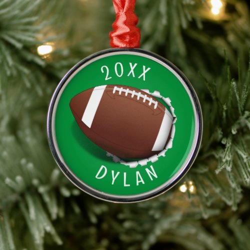 Football Tearing Out Christmas Metal Ornament