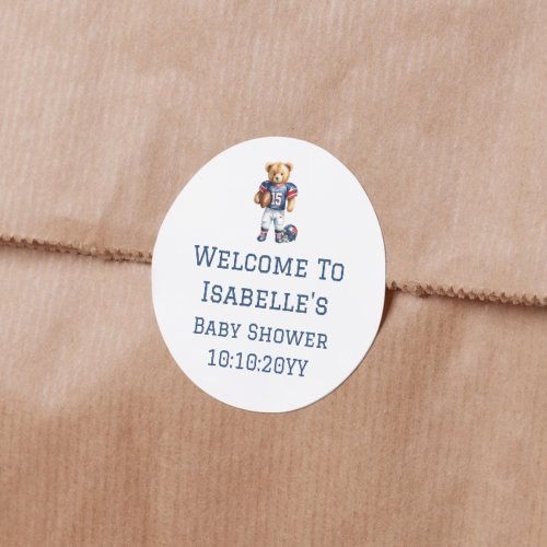 Football Teddy Bear Baby Shower Welcome  Classic Round Sticker