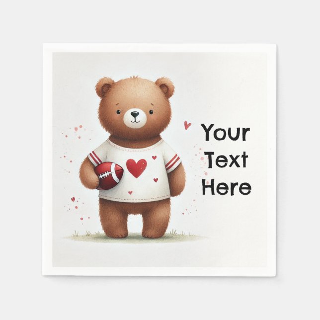 Football Teddy Bear Valentine's 1st Birthday Napkins (Front)