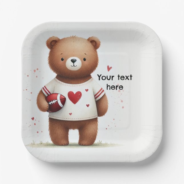 Football Teddy Bear Valentine's 1st Birthday Paper Plates (Front)