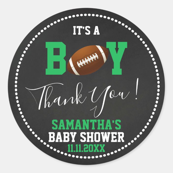 Football Theme Baby Shower Chalkboard Green Boy Classic Round Sticker Zazzle Com