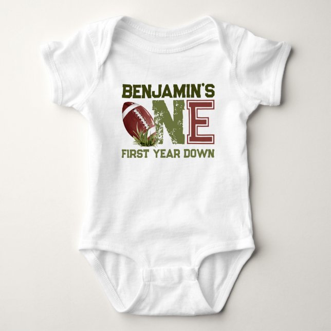 Football Theme First Year Down Birthday Baby Bodysuit (Front)