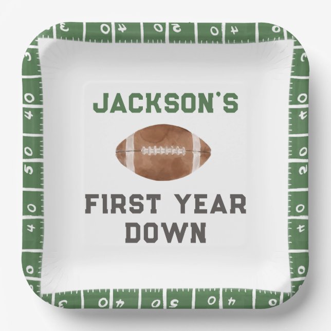Football Theme First Year Down Birthday Paper Plates (Front)