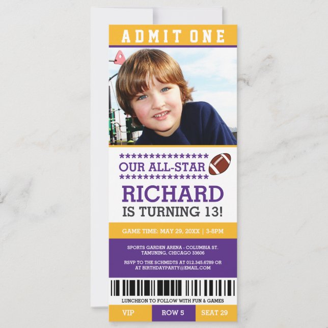 Football Ticket Birthday Invites (Front)