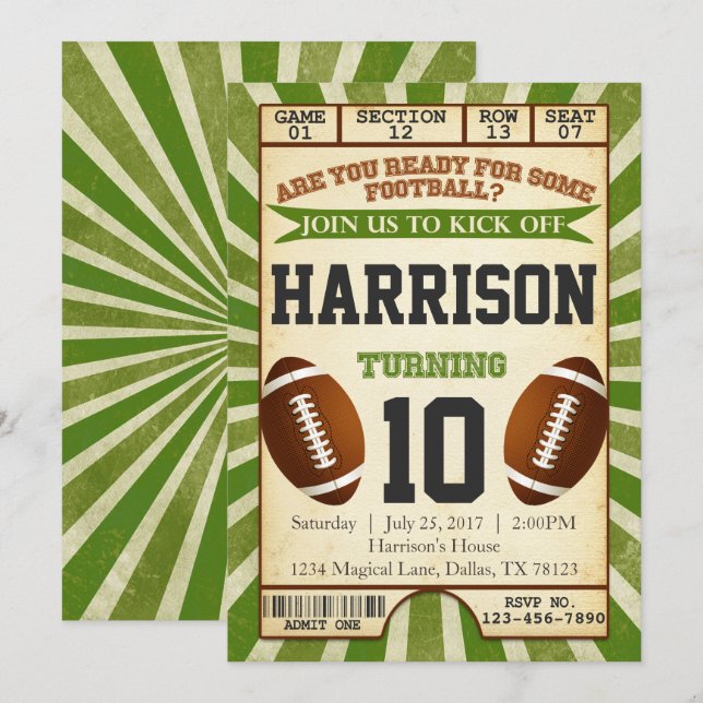 Football Ticket Birthday Party Invitation Invite (Front/Back)