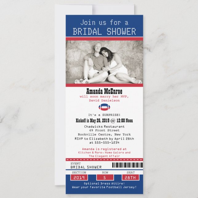 Football Ticket Blue and Red Bridal Shower Invitation (Front)