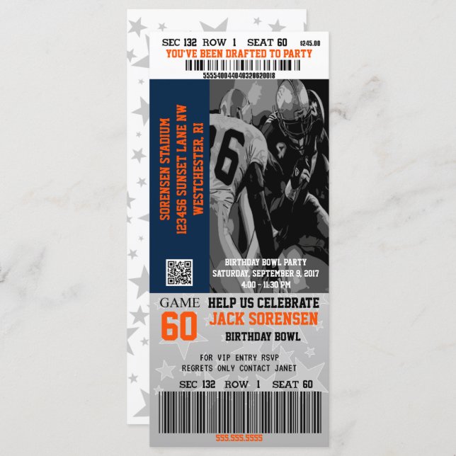 Football Ticket Blue & Orange Celebration Party Invitation (Front/Back)