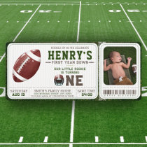 Football Ticket First Year Down 1st Birthday Photo Invitation