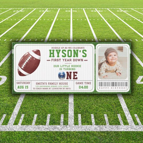 Football Ticket First Year Down 1st Birthday Photo Invitation