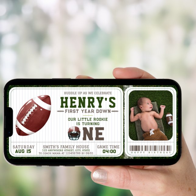 Football Ticket First Year Down 1st Birthday Photo Invitation (Front Digital)
