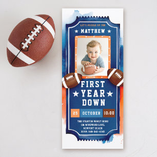 Football Ticket Photo Blue Orange Boy 1st Birthday Invitation