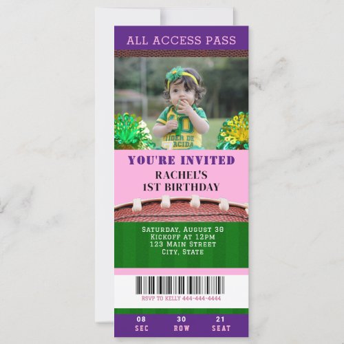 Football Ticket Pink  Purple Birthday Invitation 