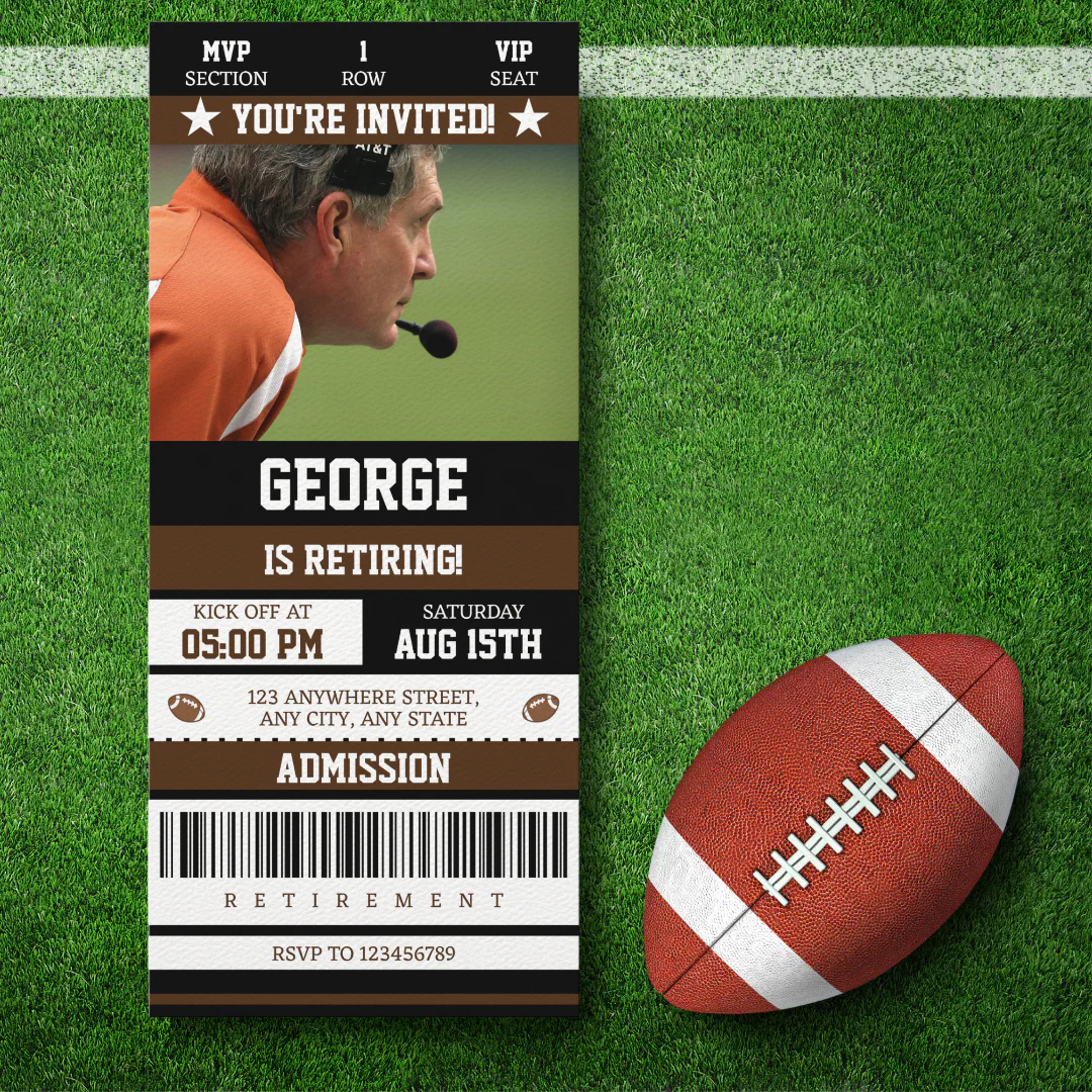 Football Ticket Retirement Party Photo Invitation (Creator Uploaded)