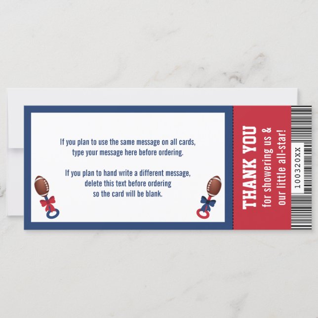 Football Ticket Thank You Card, Baby Shower Invita Invitation (Front)
