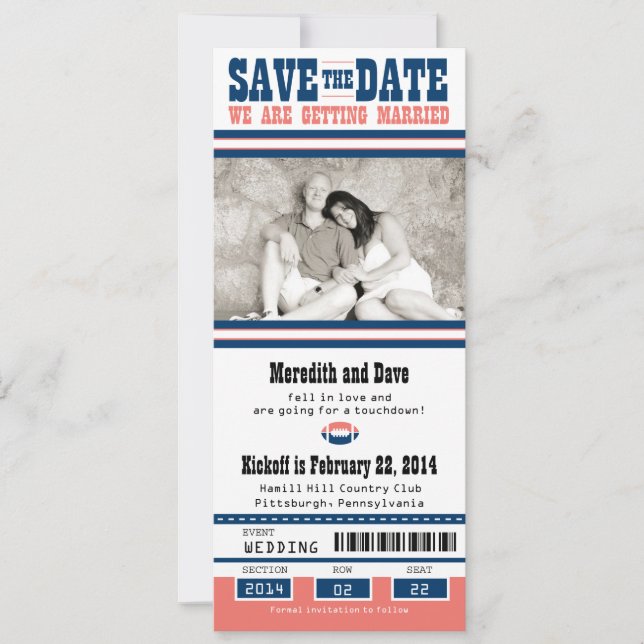 Football Ticket Wedding Save the Date (Front)