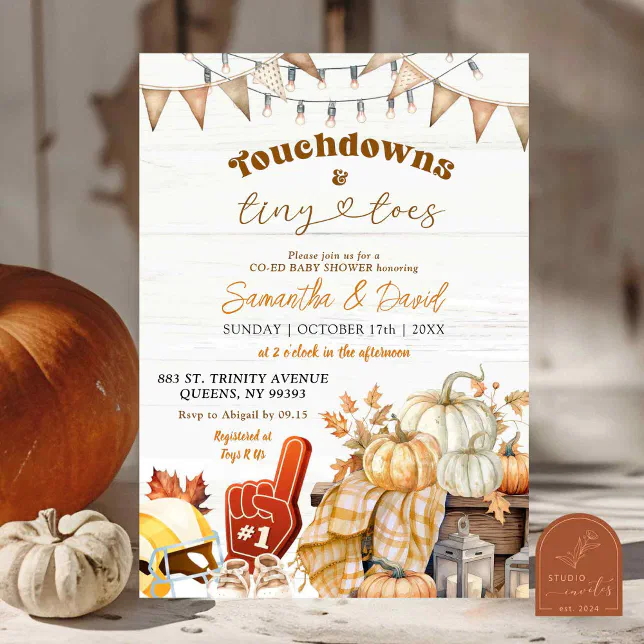 Football Touchdown and Tiny Toes Co-Ed Baby Shower Invitation | Zazzle