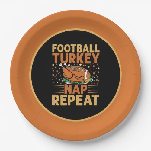 Football turkey nap repeat word art Thanksgiving  Paper Plates