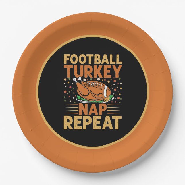 Football turkey nap repeat word art Thanksgiving  Paper Plates (Front)