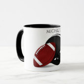 Football two toned mug with personalized name. (Front Left)