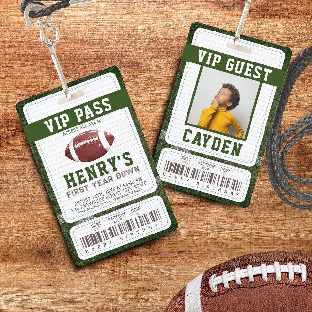Football Vip Pass Guest Photo birthday Badge (Personalized birthday invitation inspired by football - theme: First year down)