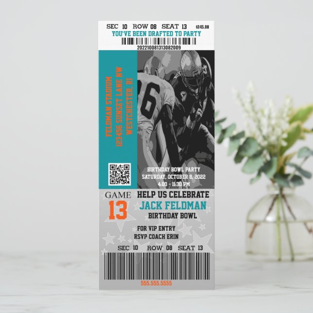 Football VIP Ticket Aqua Blue & Orange Birthday  Invitation (Standing Front)
