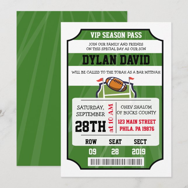 FOOTBALL VIP TICKET Bar Bat Mitzvah Invitation (Front/Back)
