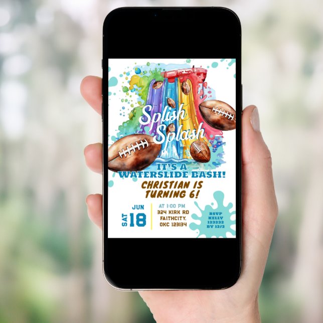 Football Waterslide Pool Party Birthday Invitation (Front Digital)