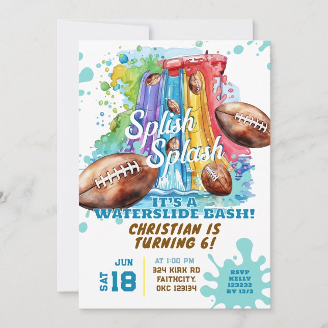 Football Waterslide Pool Party Birthday Invitation