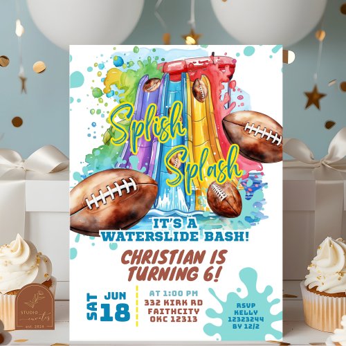 Football Waterslide Pool Party Birthday Invitation