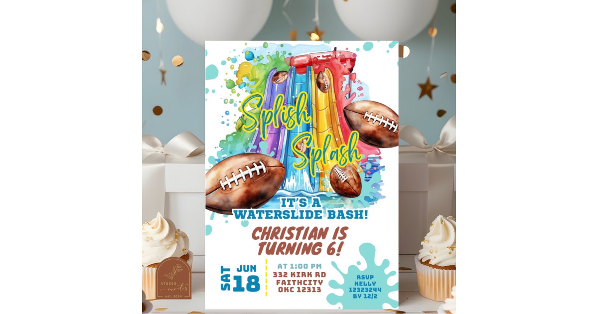Football Waterslide Pool Party Birthday Invitation