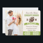 FOOTBALL WEDDING SAVE THE DATE CARD<br><div class="desc">The bride and groom who loves to watch or play football will love these cute and sporty kickoff begins football themed wedding save the dates cards with a football field 50 yard line and subtle cream and white striped background, football and banner design that can be customized with your special...</div>