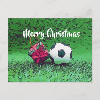 Football with gift for soccer on grass Christmas Postcard