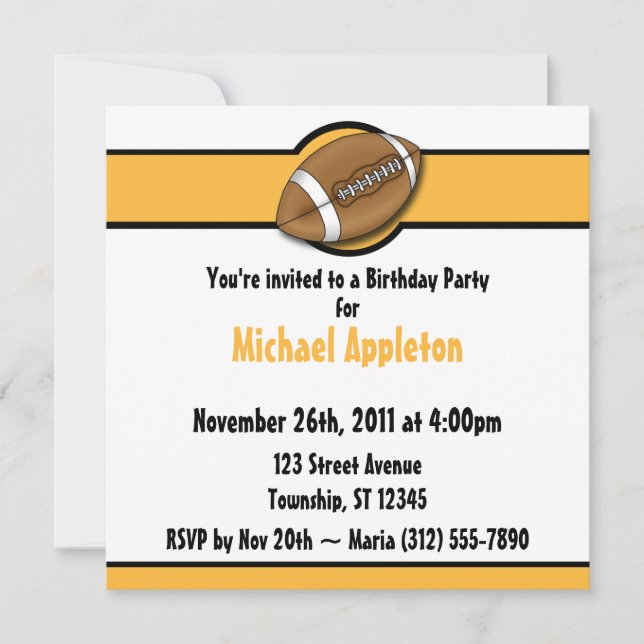 Football Yellow / Gold Birthday Invitations (Front)