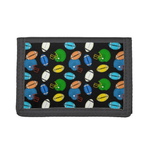 Footballs and Helmets theme black background Tri-fold Wallet