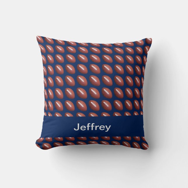 Footballs Blue Personalized Name Square Throw Pillow (Front)